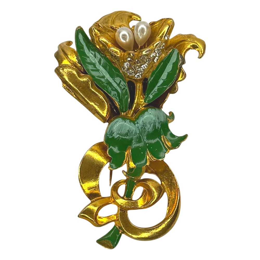 Vintage Flower Brooch Gold Tone Enamel Green Rhinestone Faux Pearl Bouquet